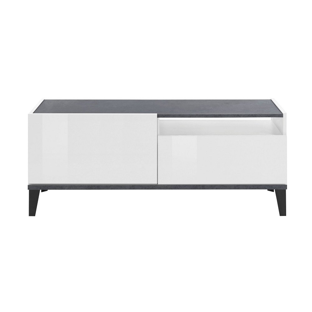 Meuble TV VALIE blanc laqué brillant, gris ardoise, 1 porte 1 tiroir