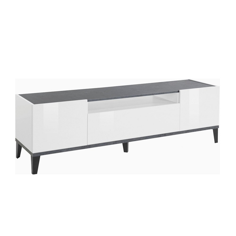 Meuble TV VALIE blanc laqué brillant, gris ardoise, 2 portes 1 tiroir