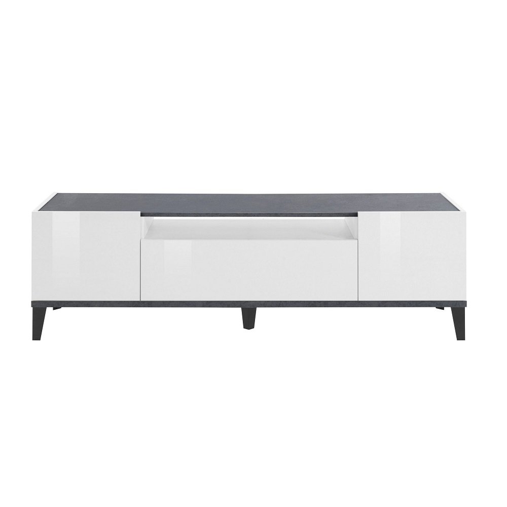 Meuble TV VALIE blanc laqué brillant, gris ardoise, 2 portes 1 tiroir