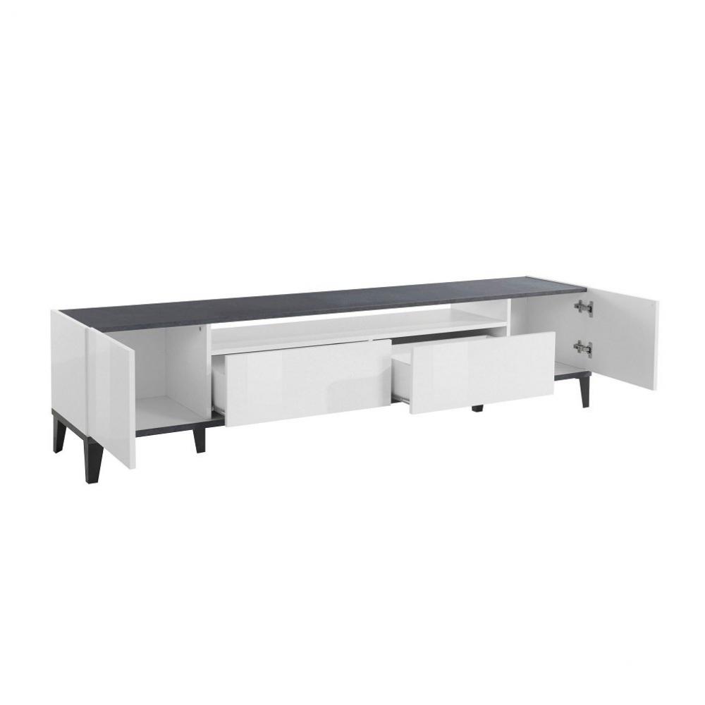Meuble TV VALIE blanc, gris ardoise, 2 portes 2 tiroirs