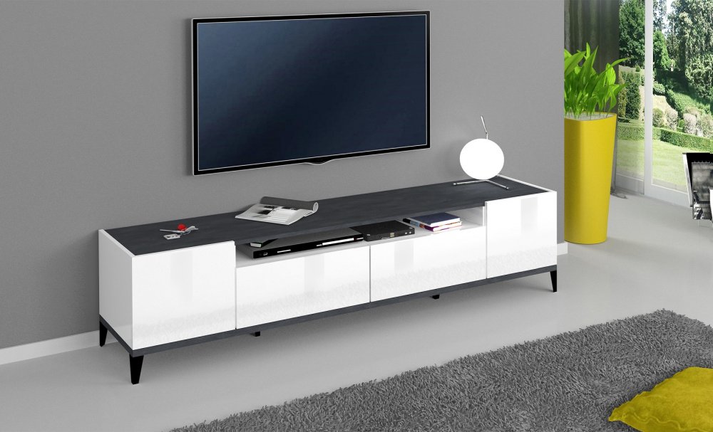 Meuble TV VALIE blanc, gris ardoise, 2 portes 2 tiroirs