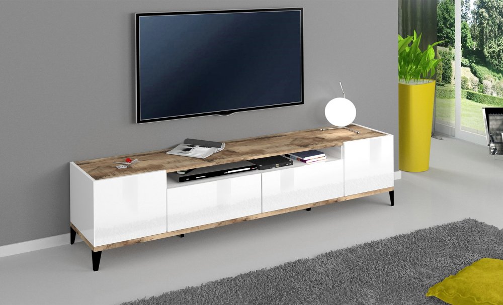 Meuble TV VALIE blanc, érable vintage, 2 portes 2 tiroirs