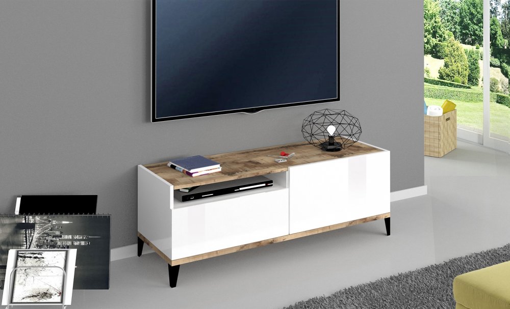 Meuble TV VALIE blanc laqué brillant, érable vintage, 1 porte 1 tiroir 