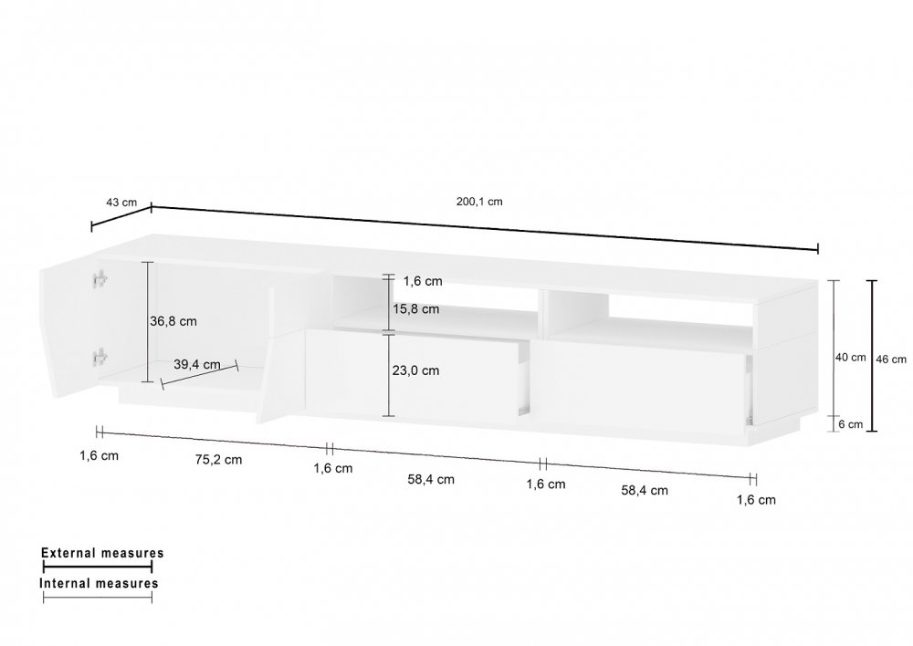 Meuble TV NALIE blanc, érable vintage, 2 portes 2 tiroirs 