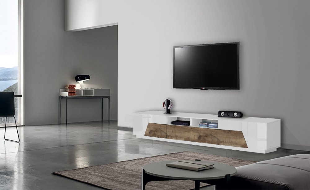 Meuble TV NALIE blanc, érable vintage, 4 portes 2 tiroirs 2 niches