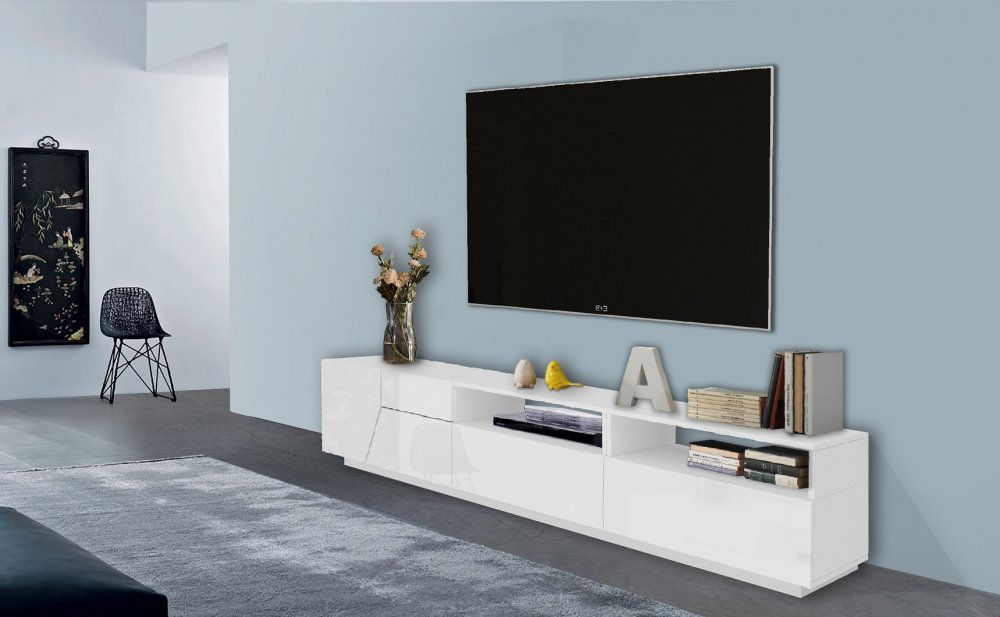 Meuble TV NALIE
blanc laqué brillant, 2 portes 2 tiroirs 2 niches