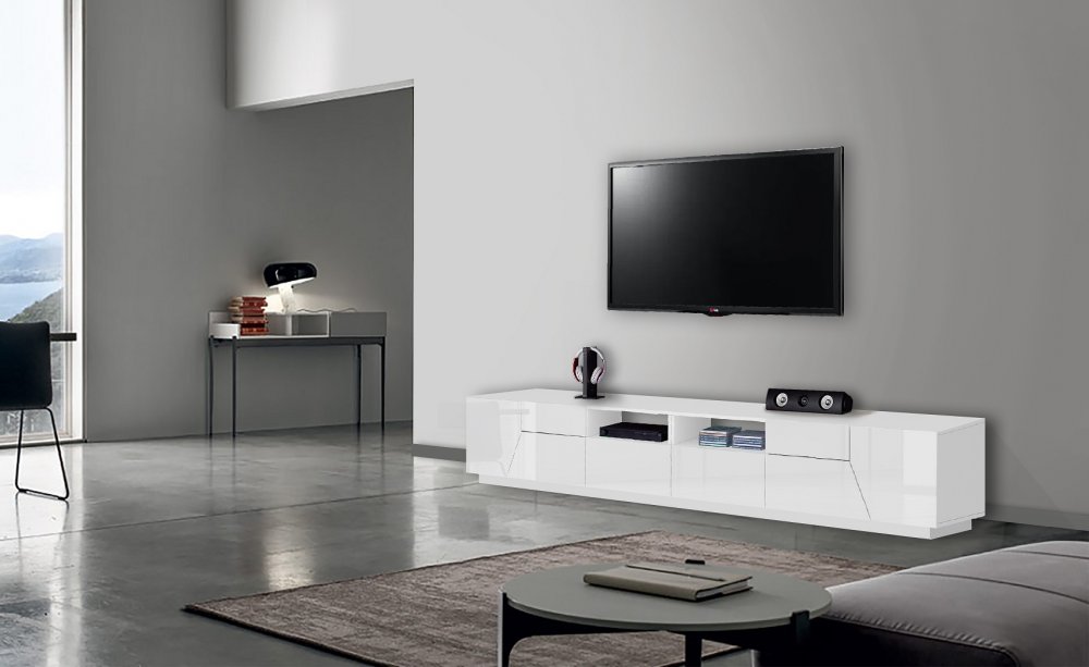 Meuble TV NALIE
blanc laqué brillant, 4 portes 2 tiroirs 2 niches