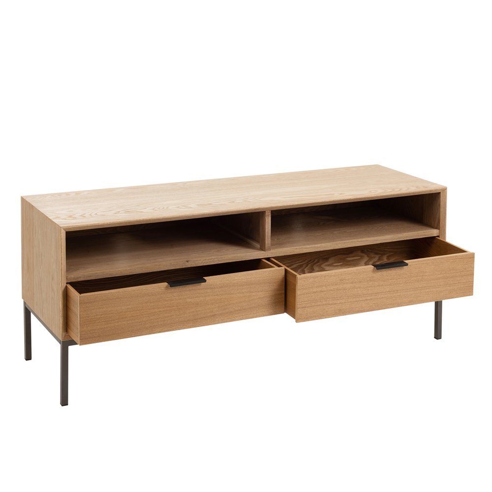 Meuble TV BOZA 2 tiroirs 2 niches bois naturel / métal
