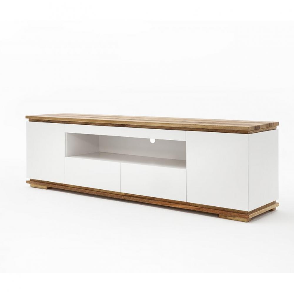 Meuble TV CHARLY blanc mat 2 tiroirs 2 portes 1 niche socle plateau chêne massif 