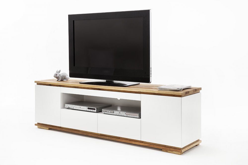 Meuble TV CHARLY blanc mat 2 tiroirs 2 portes 1 niche socle plateau chêne massif 