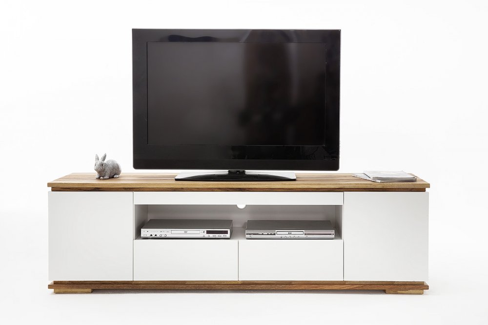 Meuble TV CHARLY blanc mat 2 tiroirs 2 portes 1 niche socle plateau chêne massif 