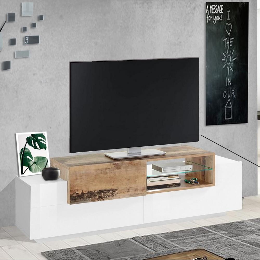 Meuble TV design CORO 160 cm blanc laqué brillant érable vintage
