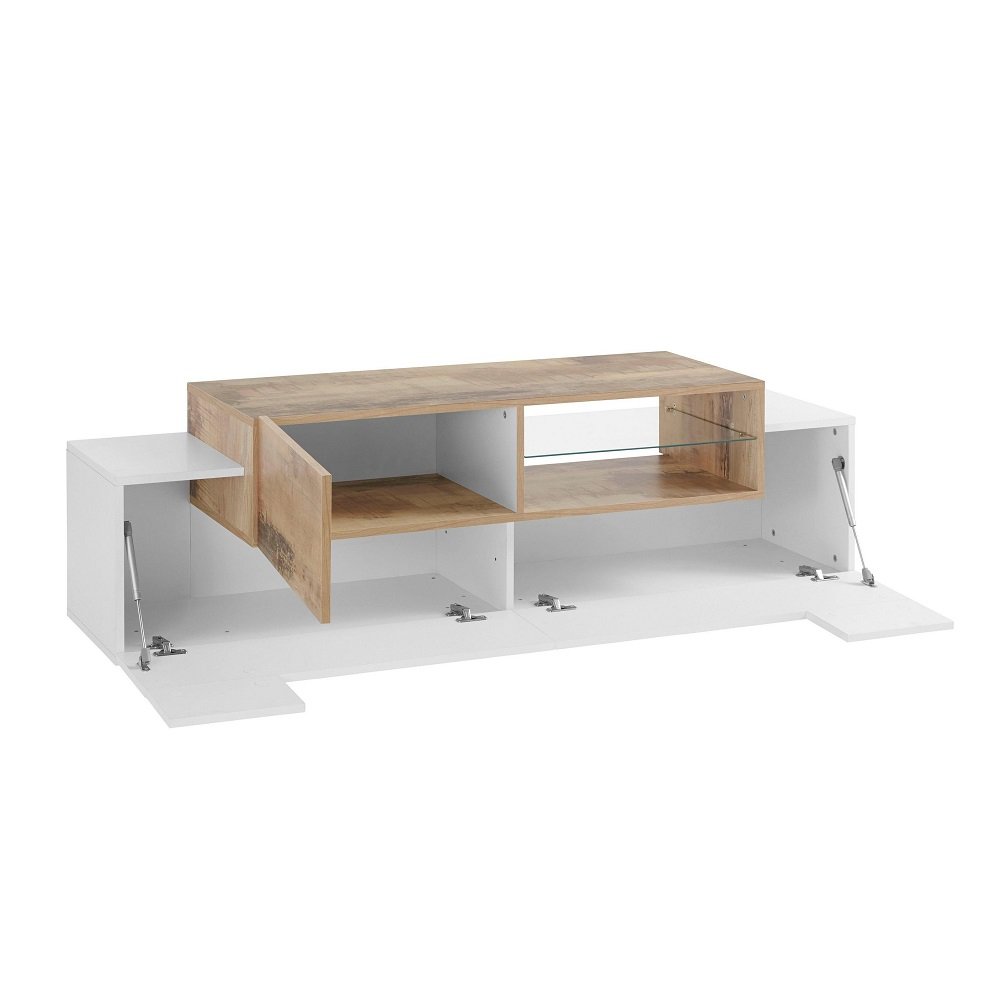 Meuble TV design CORO 160 cm blanc laqué brillant érable vintage