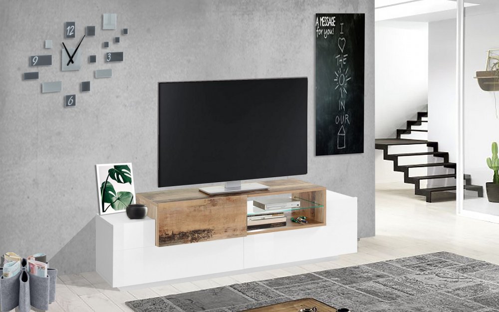 Meuble TV design CORO 160 cm blanc laqué brillant érable vintage