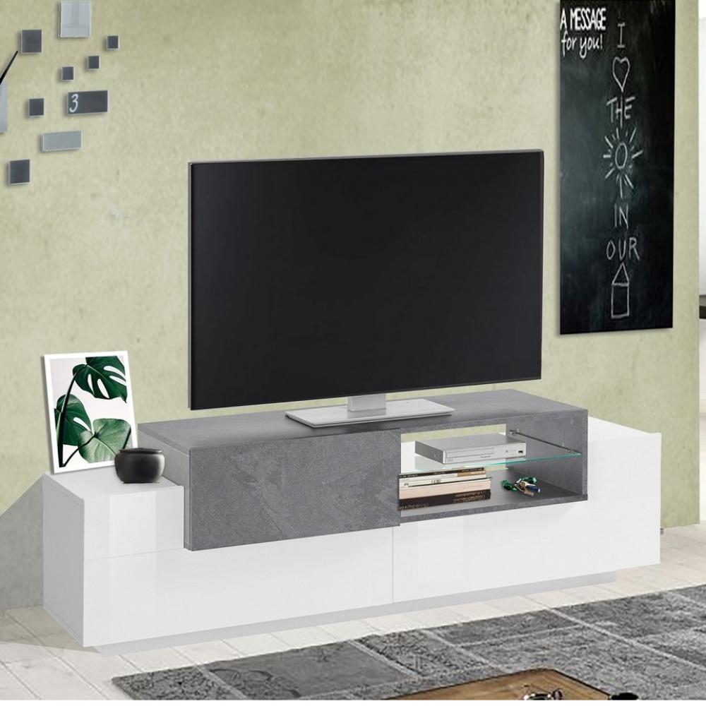 Meuble TV Bi-Color design CORO 160 cm laqué blanc brillant/bois gris ardoise