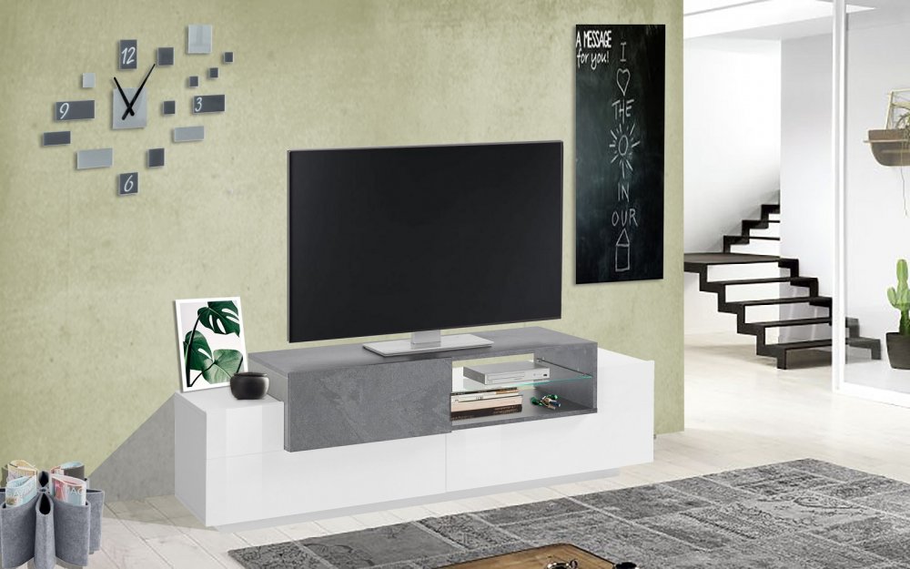 Meuble TV Bi-Color design CORO 160 cm laqué blanc brillant/bois gris ardoise