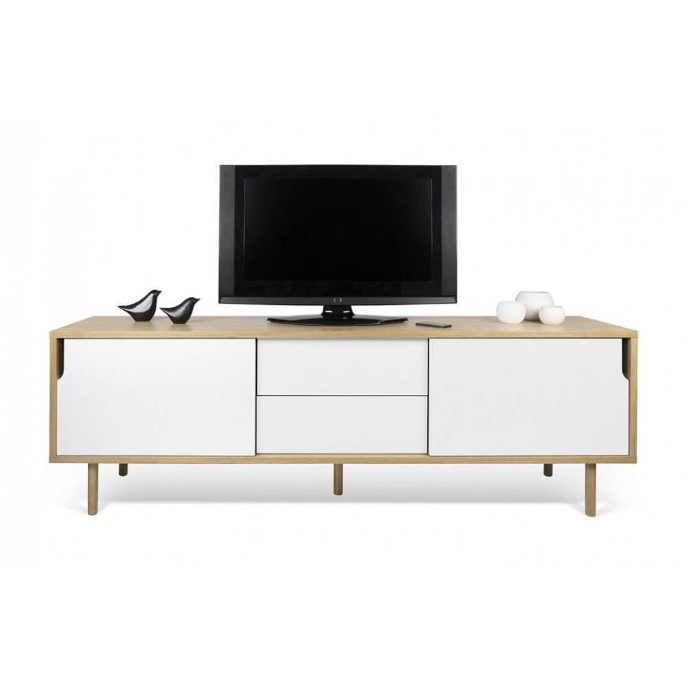 meuble TV DANN chêne avec 2 portes coulissantes et 2 tiroirs blanc