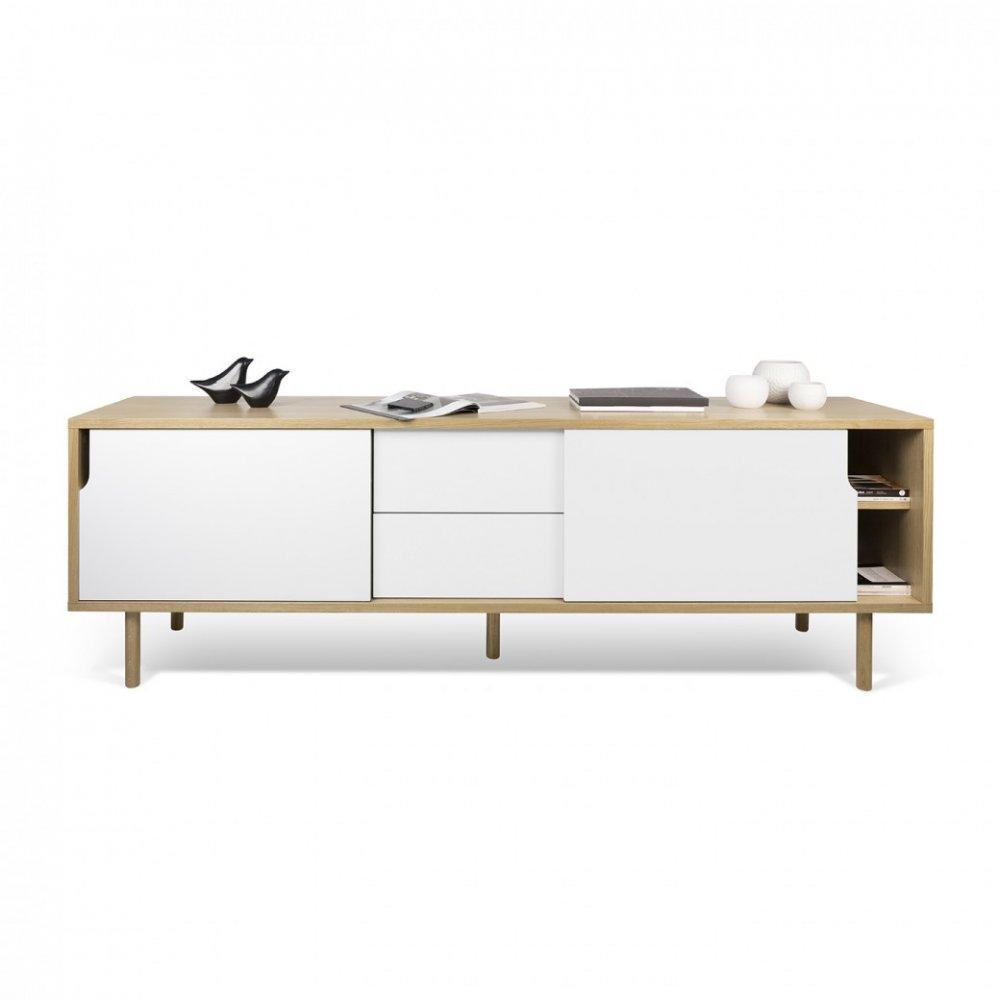 meuble TV DANN chêne avec 2 portes coulissantes et 2 tiroirs blanc