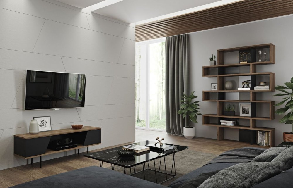 meuble TV DIXIE en bois noyer et noir