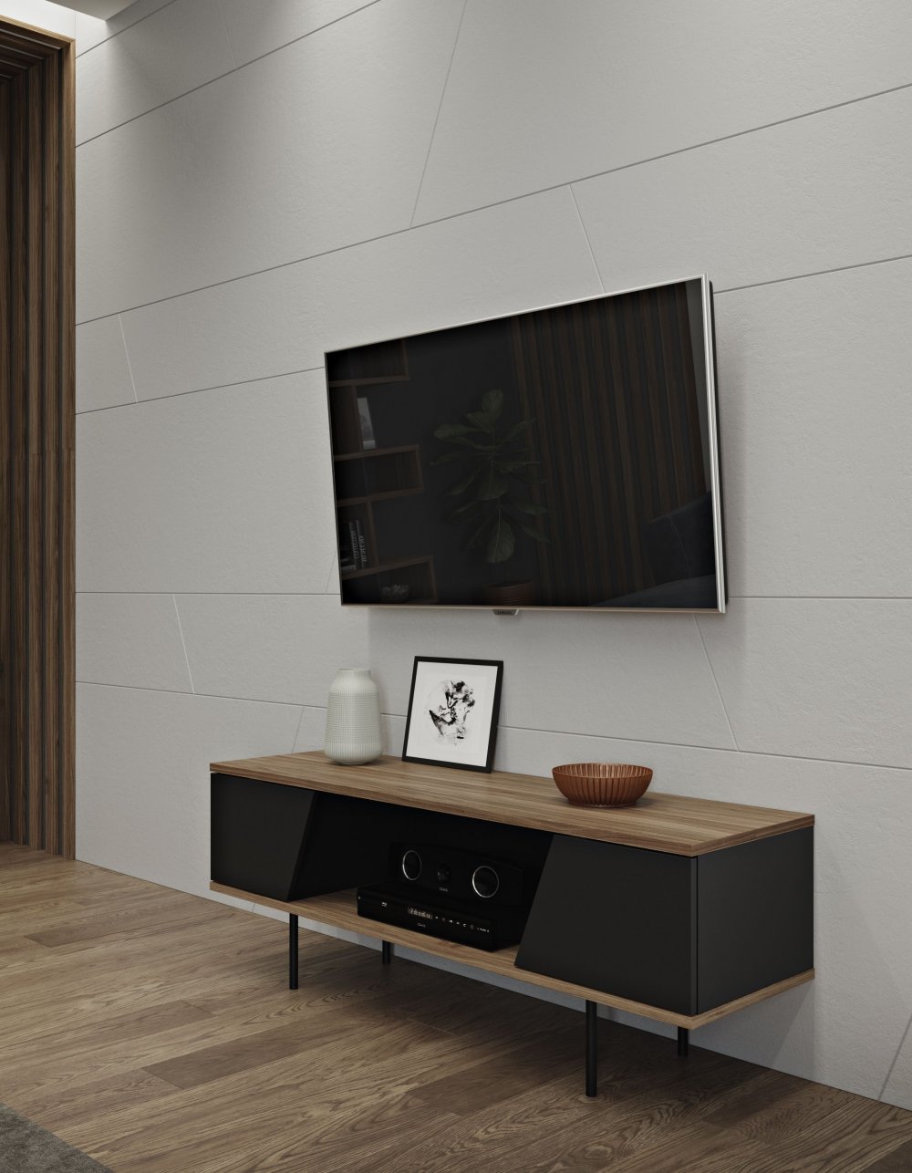 meuble TV DIXIE en bois noyer et noir