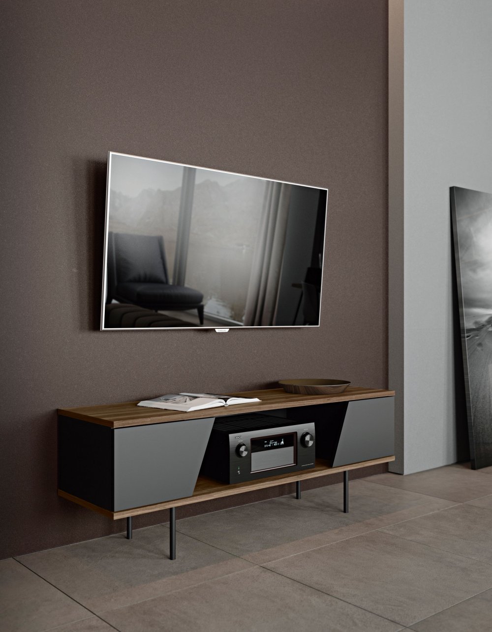 meuble TV DIXIE en bois noyer et noir
