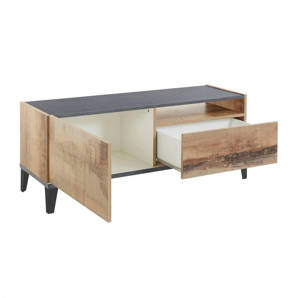 Meuble TV VALIE érable vintage, gris ardoise, 1 porte 1 tiroir