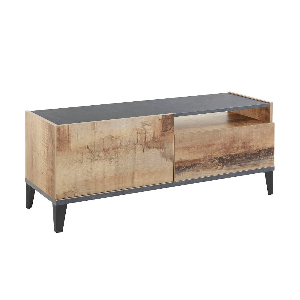 Meuble TV VALIE érable vintage, gris ardoise, 1 porte 1 tiroir