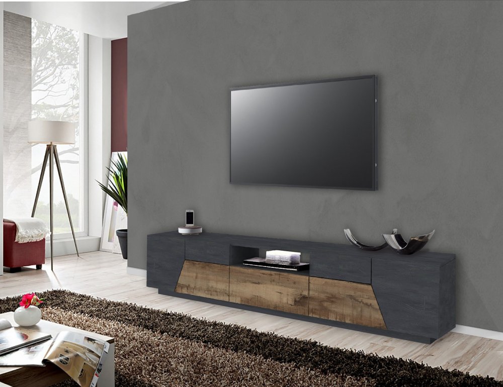 Meuble TV NALIE gris ardoise, érable vintage, 4 portes 1 tiroir 