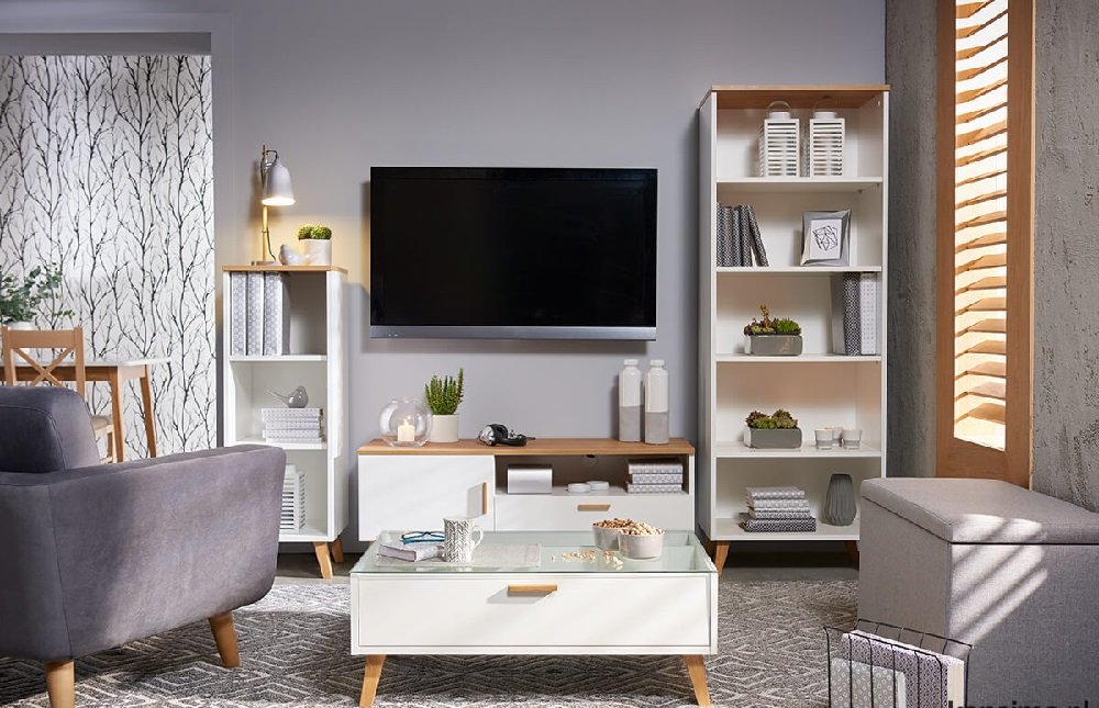 Meuble TV FREDO
chêne naturel et blanc 1 niche 1 tiroir 1 porte