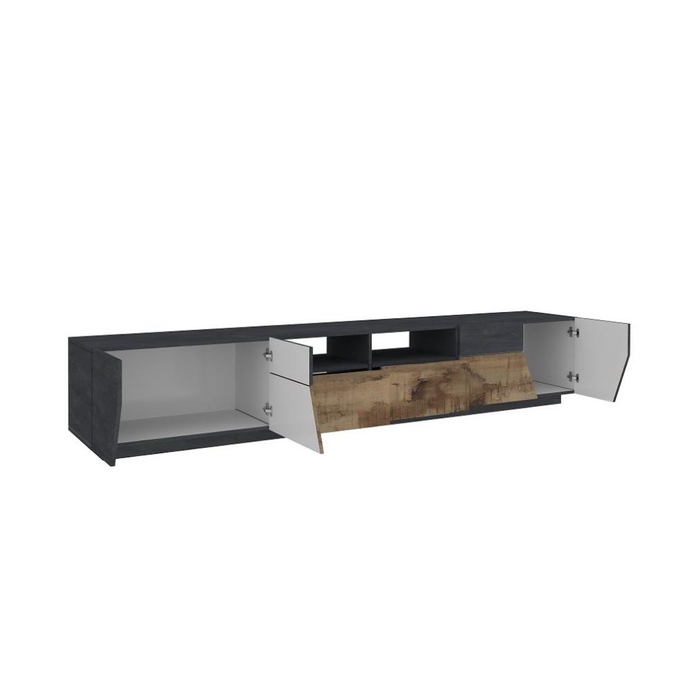 Meuble TV NALIE gris ardoise, érable vintage, 4 portes 2 tiroirs