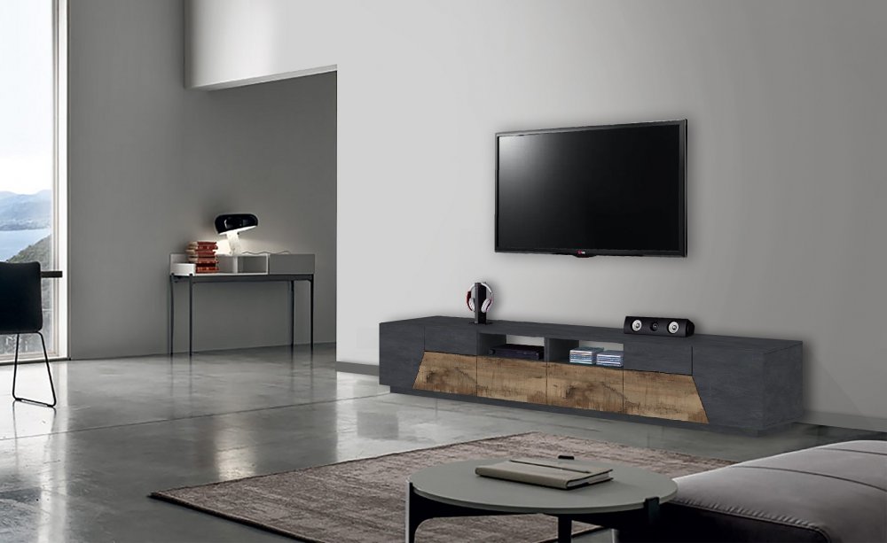 Meuble TV NALIE gris ardoise, érable vintage, 4 portes 2 tiroirs