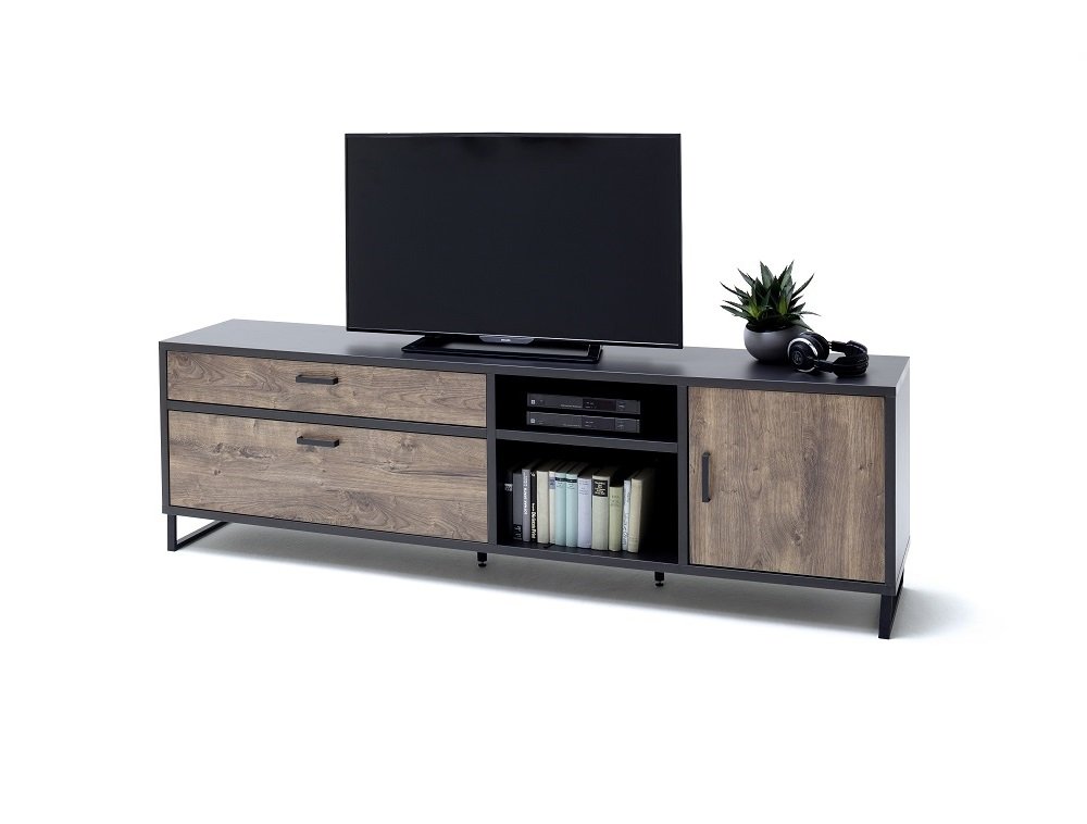 Meuble TV HALTON 2 tiroirs 1 porte décor chêne gris cosmos 220 cm