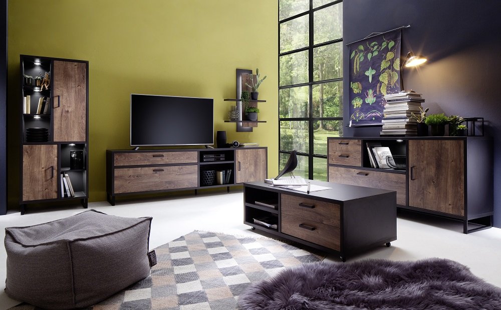 Meuble TV HALTON 2 tiroirs 1 porte décor chêne gris cosmos 220 cm