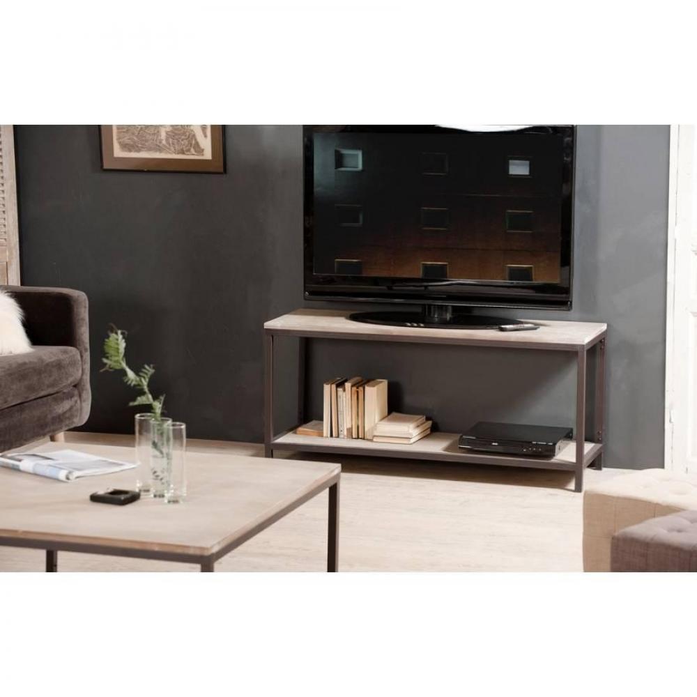 Meuble tv industriel avec tablette LEA en bois de paulownia et en métal