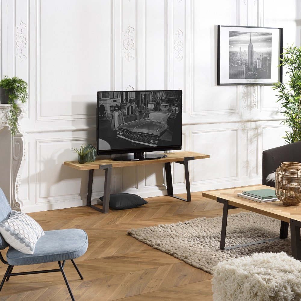 Meuble TV LARC plateau chevrons bois de sapin, pieds métal
