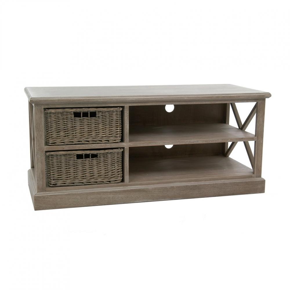Meuble TV SAKOA 2 paniers Bois naturel / Rotin