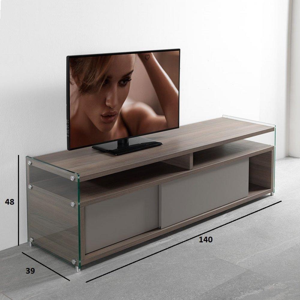 Meuble TV TALAC coloris noyer avec 2 portes coulissantes taupe