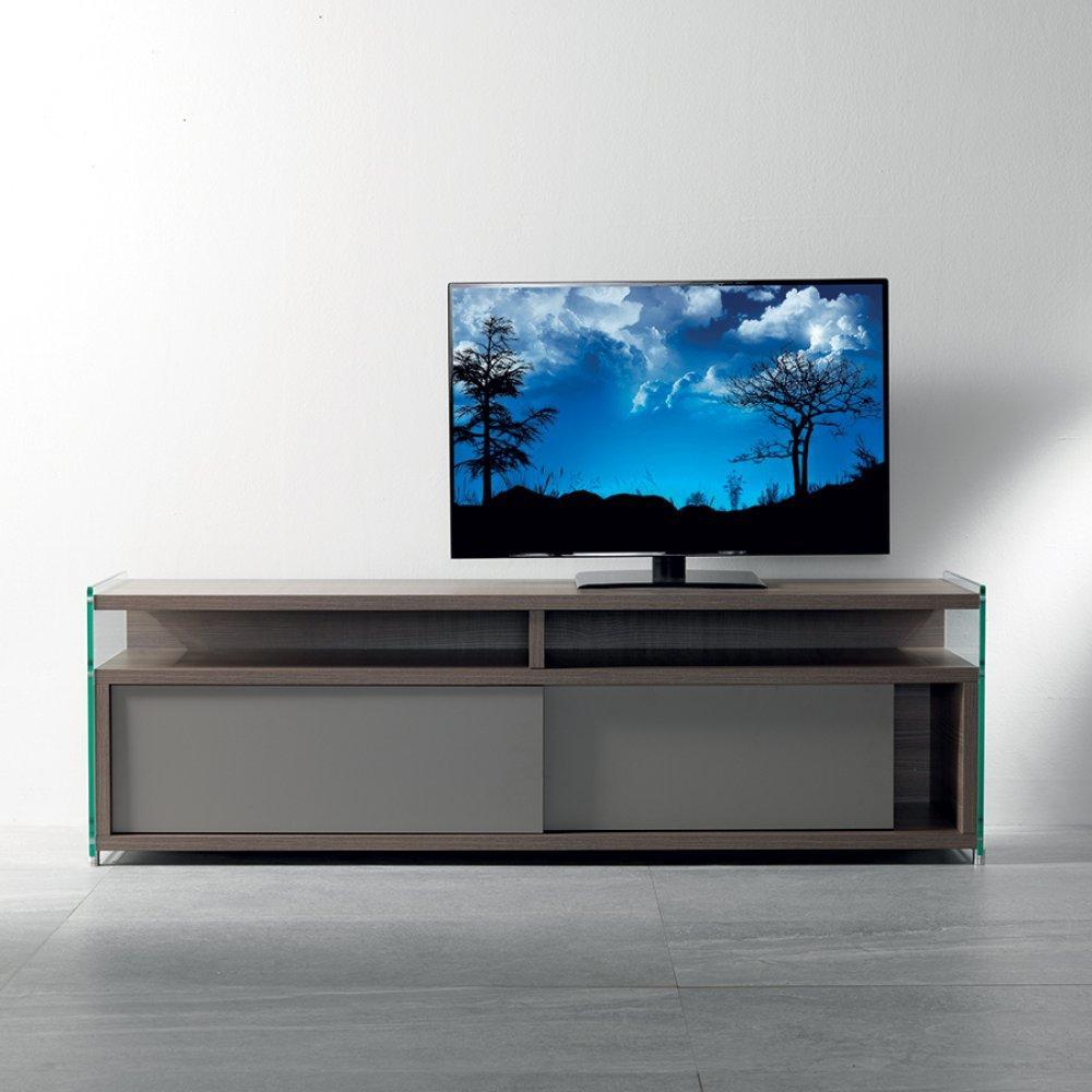 Meuble TV TALAC coloris noyer avec 2 portes coulissantes taupe