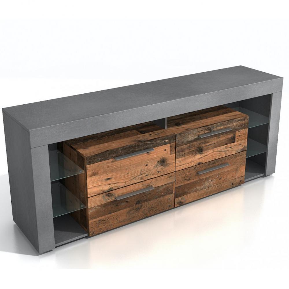 Meuble TV VALEE 3 bois vieilli old style foncé et matera 4 tiroirs