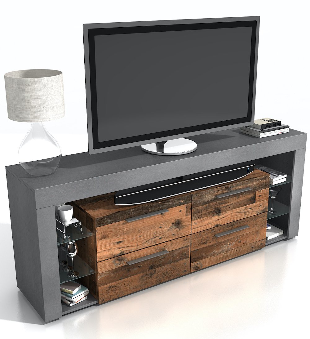 Meuble TV VALEE 3 bois vieilli old style foncé et matera 4 tiroirs