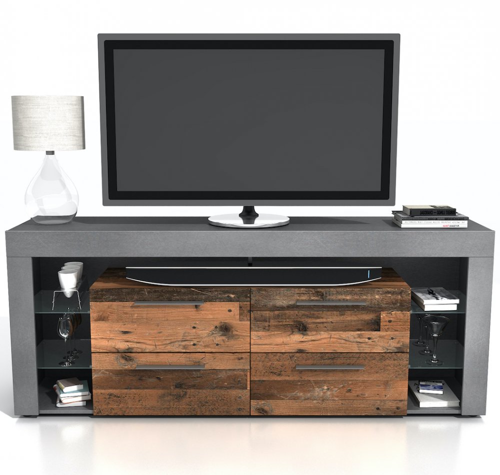 Meuble TV VALEE 3 bois vieilli old style foncé et matera 4 tiroirs