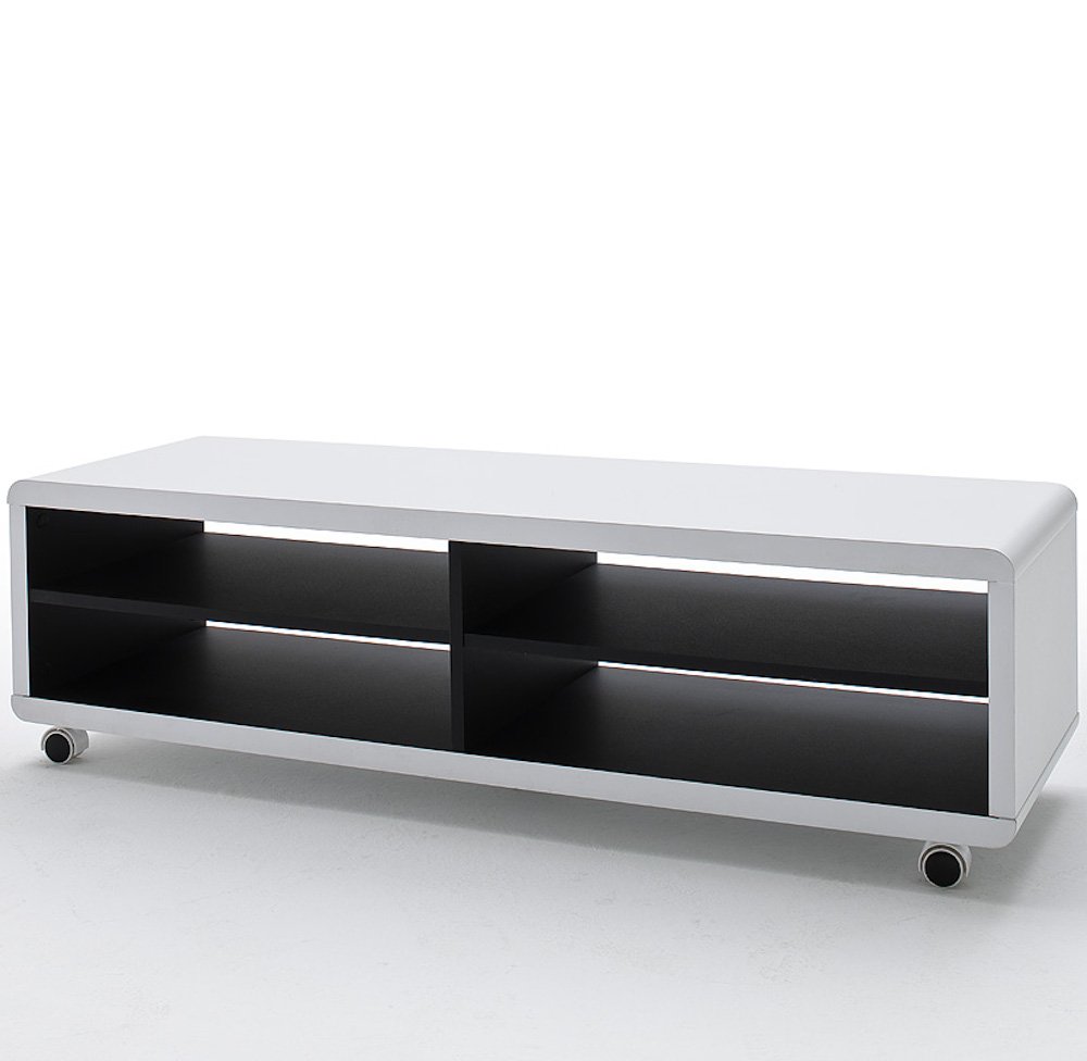 Meuble TV JUNAS XL laqué blanc à roulettes intérieur noir