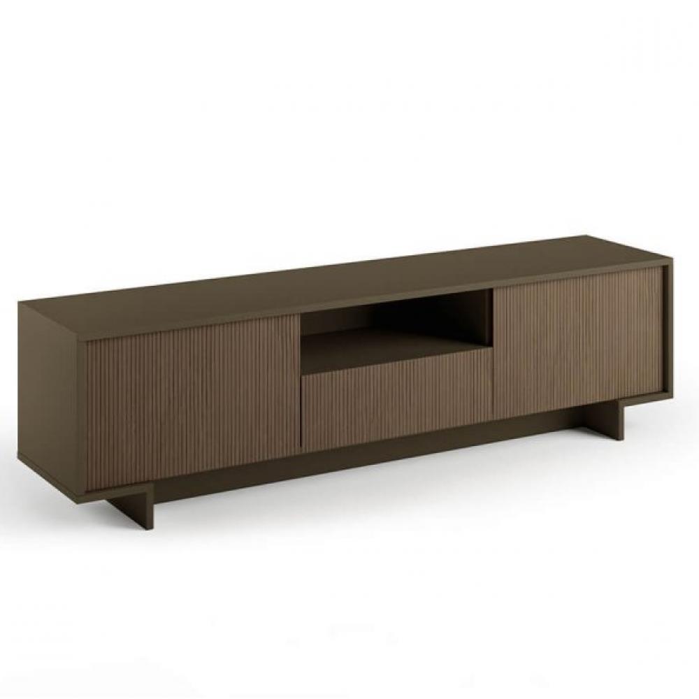 Meuble TV FRIME 2 portes 1 tiroir central cadre bronze façade canneté foncé