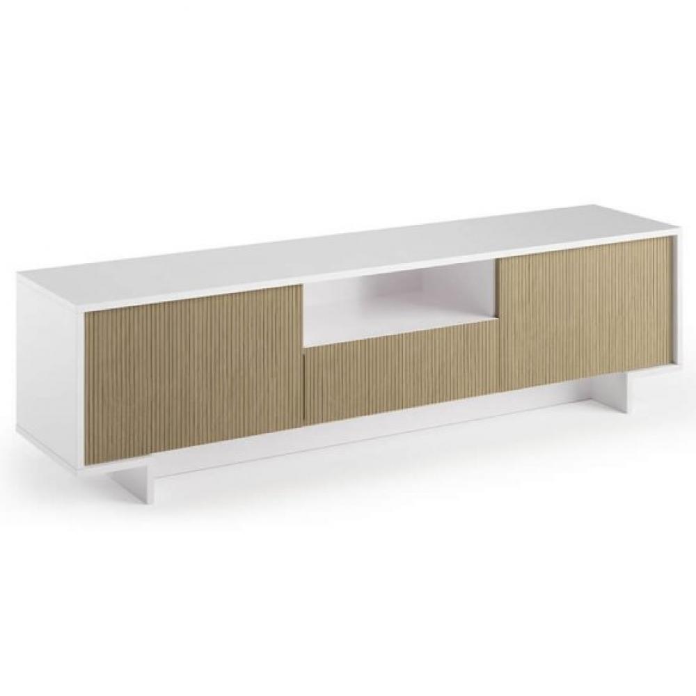 Meuble TV FRIME 2 portes 1 tiroir central cadre blanc façade canneté claire