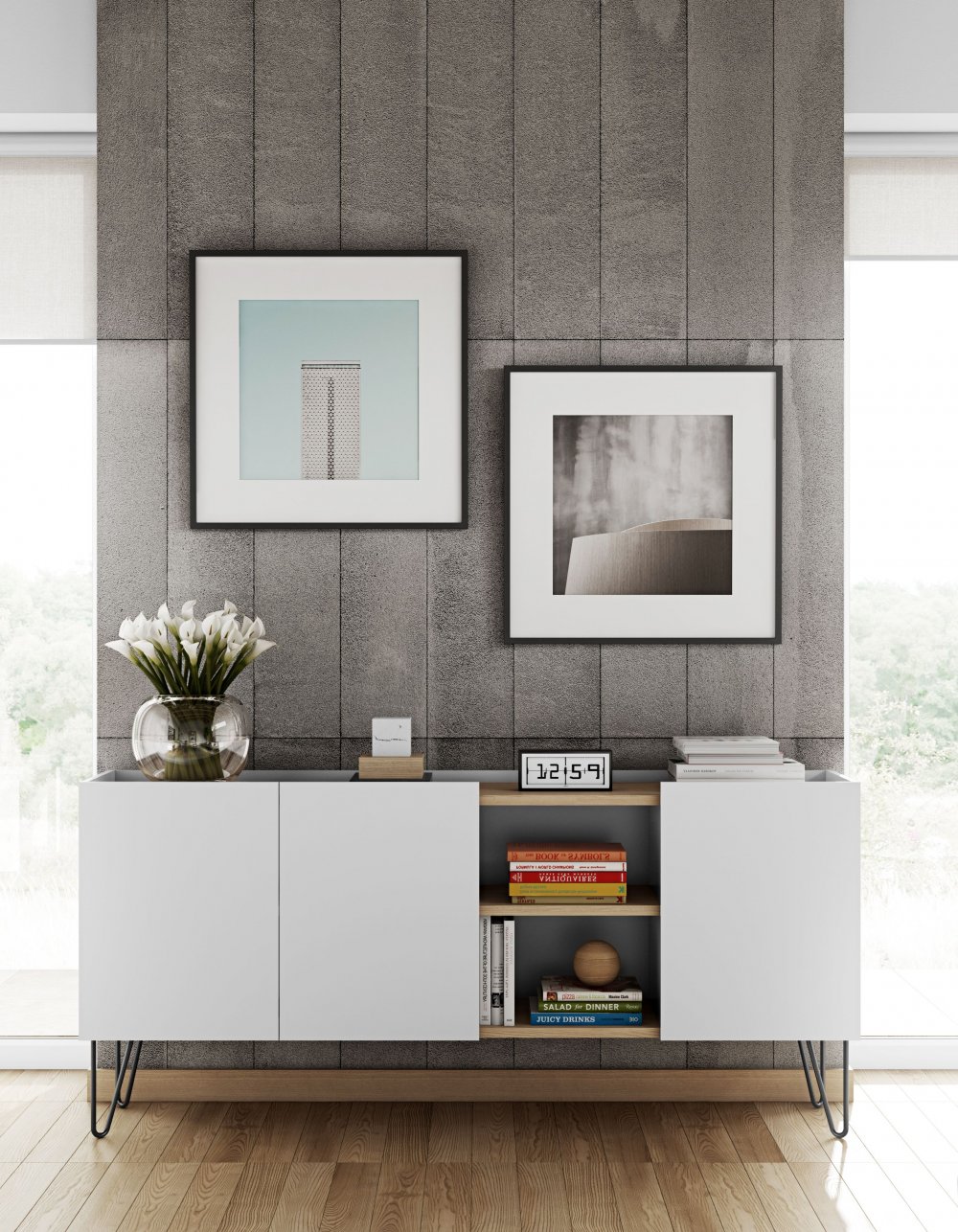 Buffet design NINA  Chêne clair et blanc 180cm
