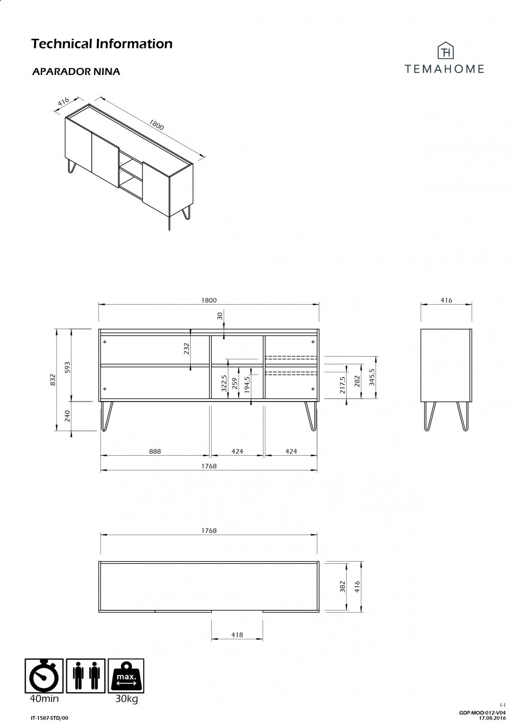 Buffet design NINA  Chêne clair et blanc 180cm
