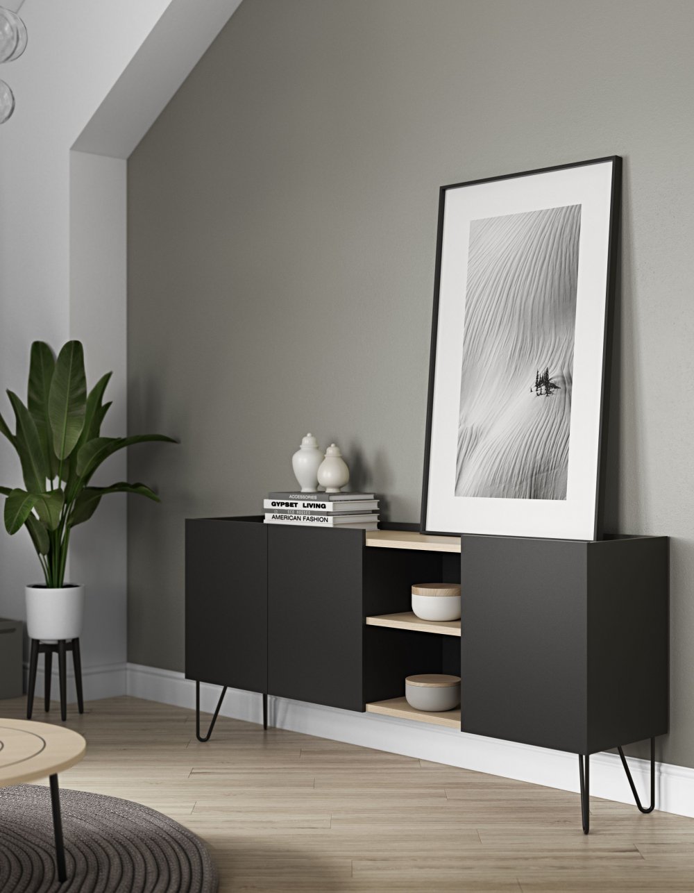 Buffet design NINA  Chêne clair et noir 180cm