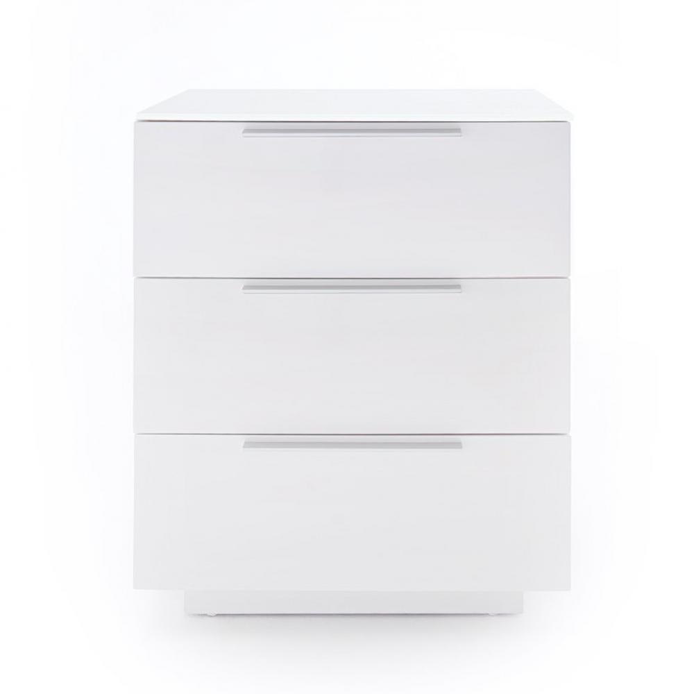 Chevet NOVO laqué blanc brillant plateau verre blanc 3 tiroirs