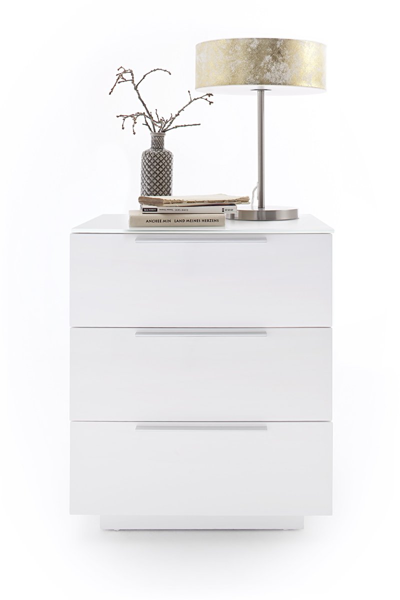 Chevet NOVO laqué blanc brillant plateau verre blanc 3 tiroirs