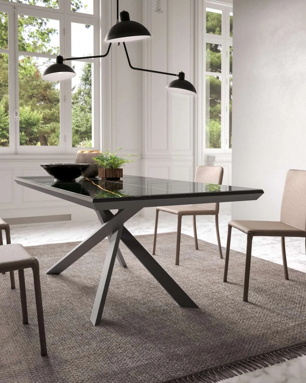 Table extensible Réctangle 4x4 en Marbre Noir et piétement  Métal Graphite Mat